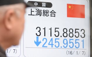 サーキットブレーカーが適用された中国・上海株(7日午前、東京都中央区)