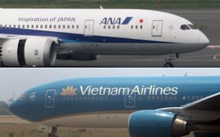 全日空の機体（写真上）とベトナム航空の機体