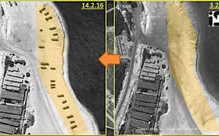 中国が実効支配する永興島の衛星写真。2月3日（右）には何もなかった海岸に、14日（左）には地対空ミサイルの発射装置とみられる物体などが点在している（ImageSat International N.V.（C）2016）=共同