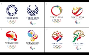 公表された東京五輪・パラリンピックのエンブレム最終候補作品。左上から時計回りにA、B、C、Dの各案（Tokyo 2020提供）