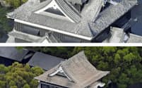 地震で被害を受けた15日の熊本城の天守閣（上）。相次ぐ地震で16日には屋根瓦がほとんど落ちていた=熊本市（共同通信社ヘリから）