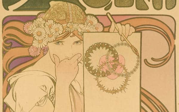 ミュシャの「サロン・デ・サン:ミュシャ作品展」（1897年）
堺アルフォンス・ミュシャ館（堺市）蔵
ミュシャが自身の個展用に描いたポスター。髪の太い輪郭線などは浮世絵の影響との見方も
