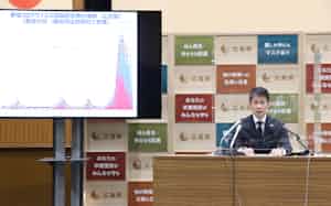 記者会見する湯崎英彦知事(14日、広島県庁) 記者会見する湯崎英彦知事(14日、広島県庁)