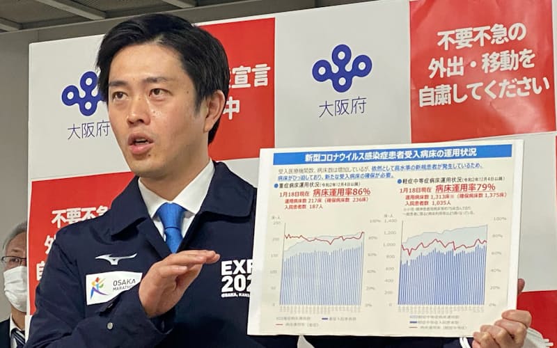 報道陣の取材に応じる吉村大阪府知事(19日、大阪府庁) 報道陣の取材に応じる吉村大阪府知事(19日、大阪府庁)