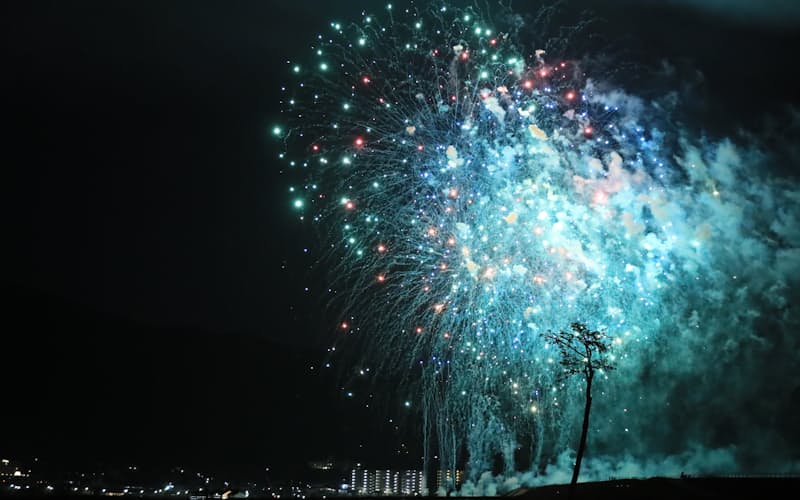 津波被害を受けた三陸地域を盛り上げようと1万発以上が打ち上げられた三陸花火大会。夜空を彩るたびに「奇跡の一本松」のシルエットが浮かび上がった(2020年10月31日、岩手県陸前高田市) 津波被害を受けた三陸地域を盛り上げようと1万発以上が打ち上げられた三陸花火大会。夜空を彩るたびに「奇跡の一本松」のシルエットが浮かび上がった(2020年10月31日、岩手県陸前高田市)