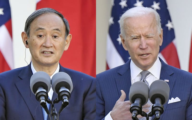 共同記者会見に臨む菅首相とバイデン大統領(16日、ホワイトハウス)=共同 共同記者会見に臨む菅首相とバイデン大統領(16日、ホワイトハウス)=共同