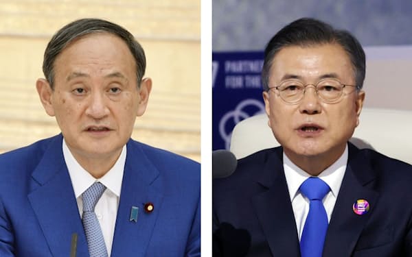 菅義偉首相（左）と韓国の文在寅大統領＝聯合・共同