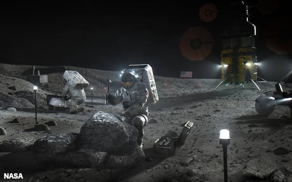 産官学連携による資源開発で月面開発での存在感を高める(アルテミス計画の活動をする宇宙飛行士のイメージ図)=NASA提供