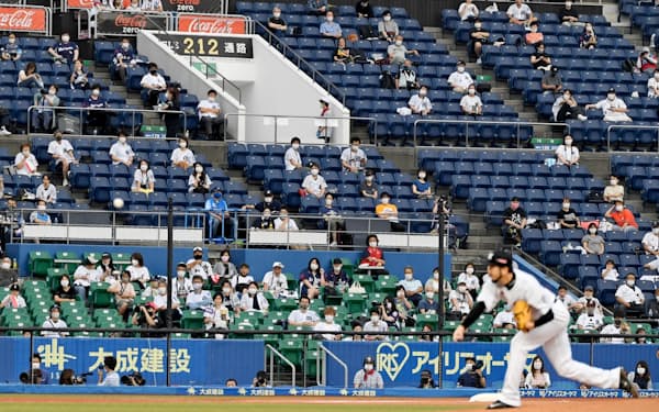 観客数を制限して行われるプロ野球の試合（７月１０日、千葉市のＺＯＺＯマリンスタジアム）