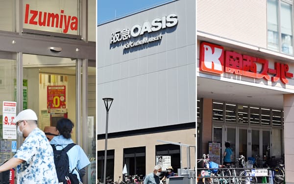 （写真左から）イズミヤ、阪急オアシス、関西スーパー