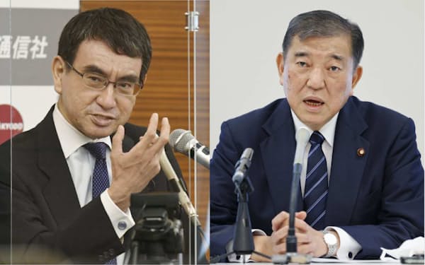 日本経済新聞の世論調査では「次の自民党総裁にふさわしい人」で河野氏が首位、石破氏が２位だった＝共同
