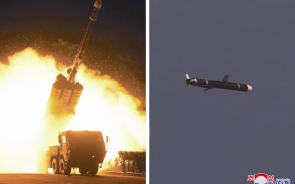 　11、12両日に行われた新型長距離巡航ミサイルの発射実験とみられる写真。朝鮮中央通信が13日配信した（朝鮮中央通信＝共同）
