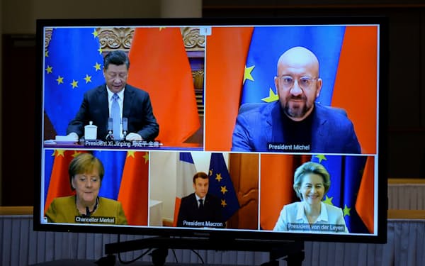 EUと中国の関係はこのところ悪化している(20年12月のオンライン首脳会談)=ロイター