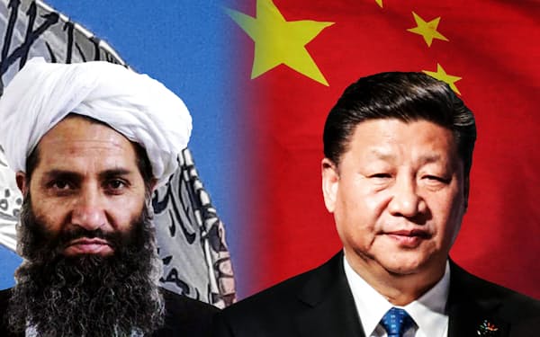 タリバンの最高指導者アクンザダ師（左）と中国の習近平国家主席の利害は一致点も多い＝AP/ロイター