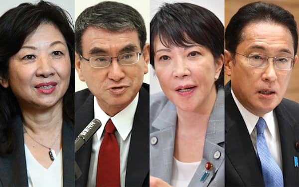 自民党総裁選に出馬する（右から）岸田文雄氏、高市早苗氏、河野太郎氏、野田聖子氏