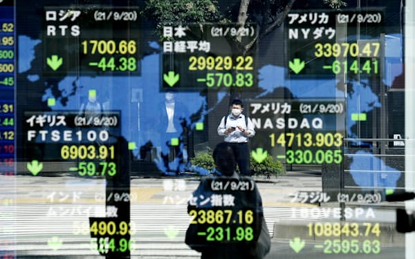 ３万円を割り込んだ日経平均株価と、値を下げた世界の株式市場（21日午前、東京・八重洲）
