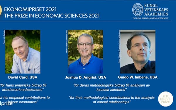 　ノーベル経済学賞の受賞が決まった（左から）デービッド・カード氏、ヨシュア・アングリスト氏、グイド・インベンス氏（ノーベル財団のホームページから）＝共同