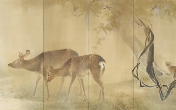 「細雨・落葉」（右隻、1905年、福田美術館蔵）