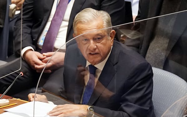 国連の安全保障理事会で演説したメキシコのロペスオブラドール大統領（９日）＝ＡＰ