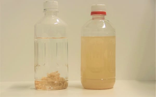 １錠で泥水もすぐに飲める状態にできる浄水錠剤。左は錠剤を入れて振った浄化後の水