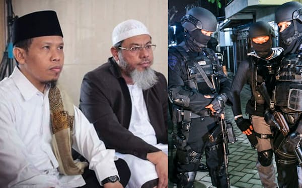 アフマド・ザイン容疑者（左）と、同容疑者を逮捕した警察の対テロ特別部隊の武装メンバーら＝ＡＰ