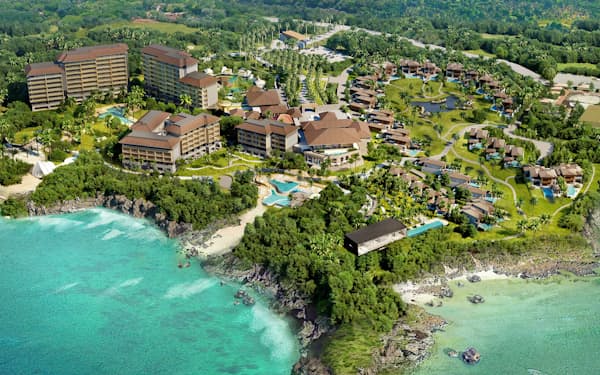 フォーシーズンズが沖縄県恩納村で開業予定の高級ホテル（写真左側）やヴィラ（完成イメージ）