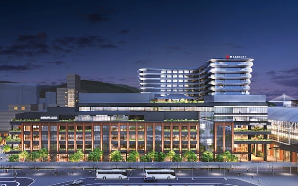 2023年秋に開業  する新長崎駅ビルとマリオットホテル（上層階）のイメージ（JR九州提供）