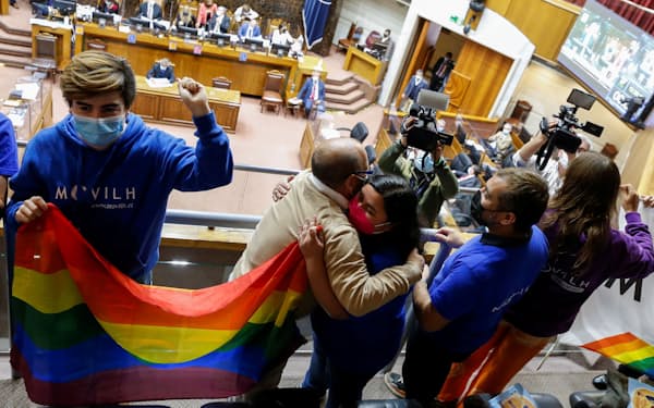 チリ上院で喜ぶ法案の支持者(7日、バルパライソ)=ロイター