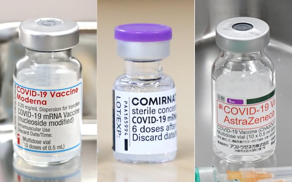 （左から）モデルナ社製、ファイザー社製、アストラゼネカ社製の新型コロナウイルスワクチン