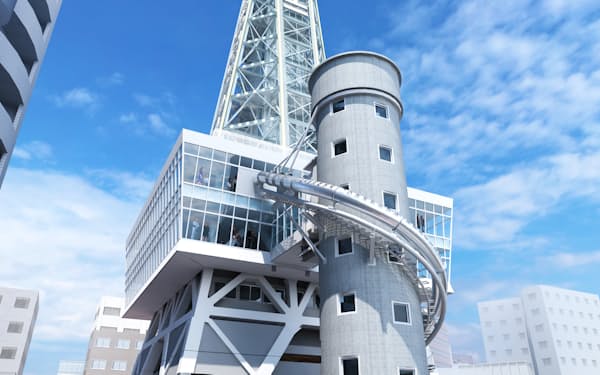 竹中工務店や通天閣観光（大阪市）など３社は、通天閣に全長60メートルの滑り台をつくる（イメージ）