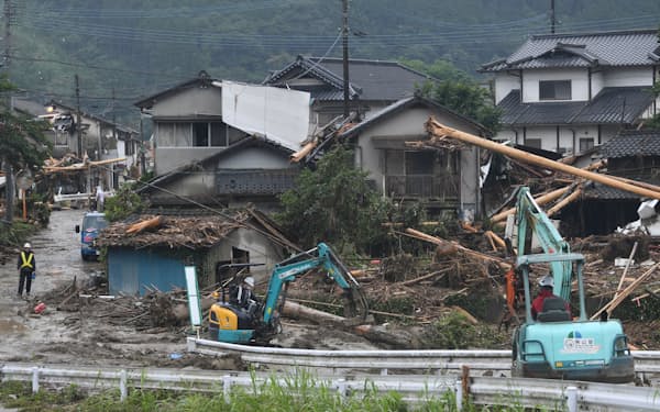 浸水で被害を受けた熊本県球磨村の住宅地(2020年7月9日)