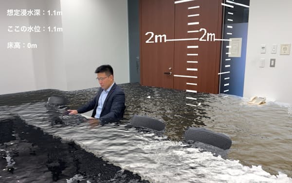 AR技術で会議室の浸水を予測した様子