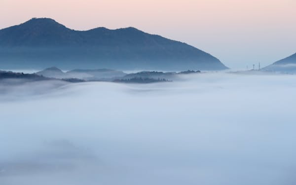 初冬、夜明け。町の姿が見えないほどの霧が、安心院盆地を包み込んでいた(竜王山の海神社から)