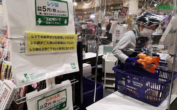 有料化でレジ袋の使用量は減っているが…(東京都立川市のブルーミングブルーミーららぽーと立川立飛店)