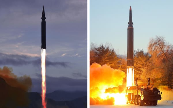 北朝鮮が2021年9月に発射したミサイル「火星8」㊧と、今月5日のミサイル（いずれも朝鮮中央通信・共同）