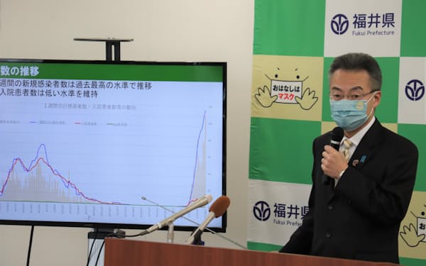 感染対策強化などを説明する杉本達治知事（20日、福井県庁）