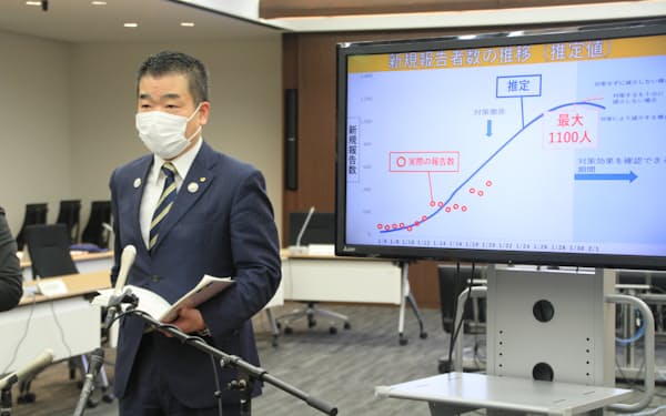 新規感染者数の試算を明らかにした滋賀県の三日月大造知事（21日、滋賀県庁）