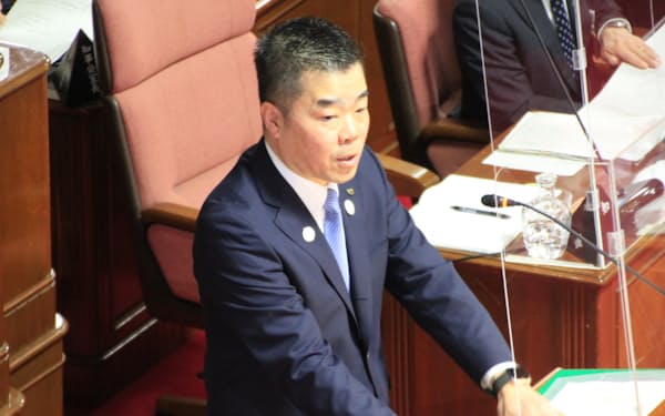 ３選出馬を表明した滋賀県の三日月大造知事（14日、滋賀県議会）