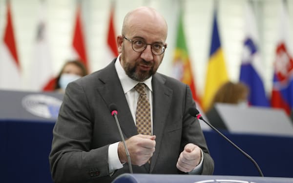 16日、欧州議会でウクライナ情勢について話すEUのミシェル大統領（仏ストラスブール）＝ＡＰ