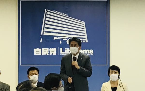 自民党の会合で発言する安倍晋三元首相（24日、党本部）