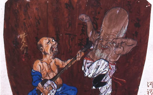河鍋暁斎は三味線を弾く男と踊る寿老人を描いている＝松浦武四郎記念館蔵