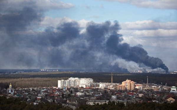 Smoke rising after shelling on the outskirts of the city is pictured from Kyiv, Ukraine February 27, 2022. REUTERS/Mykhailo Markiv