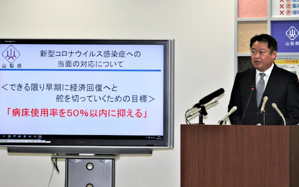 山梨県の長崎幸太郎知事は経済回復にかじを切るため病床使用率50％以内に抑えることが重要と強調した（4日、甲府市内）