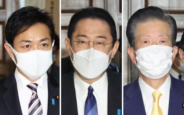 会談に臨む（左から）国民民主党の玉木代表、岸田首相、公明党の山口代表（4日、国会内）