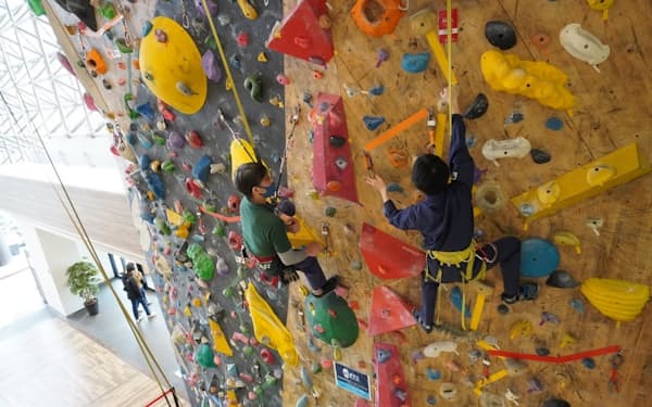 ボルダリング施設の超す壁を登って高所作業を体験するETSホールディングスの新入社員（千葉市）