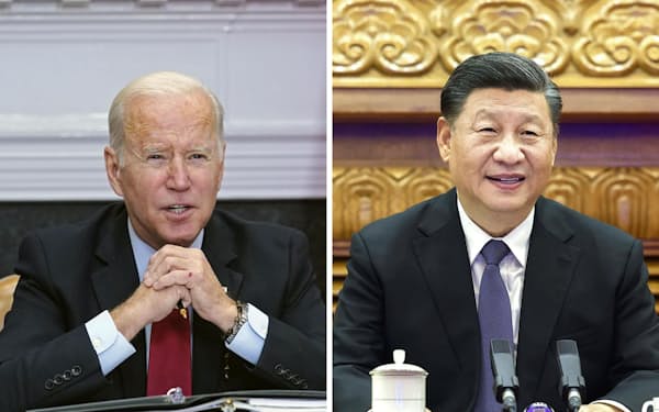 バイデン米大統領（左、AP）と中国の習近平国家主席（新華社・共同）は2021年11月にオンライン協議した