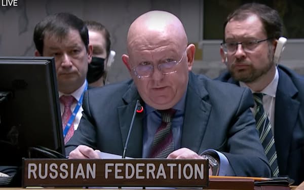 安保理で演説するロシアのネベンジャ国連大使（動画から撮影）