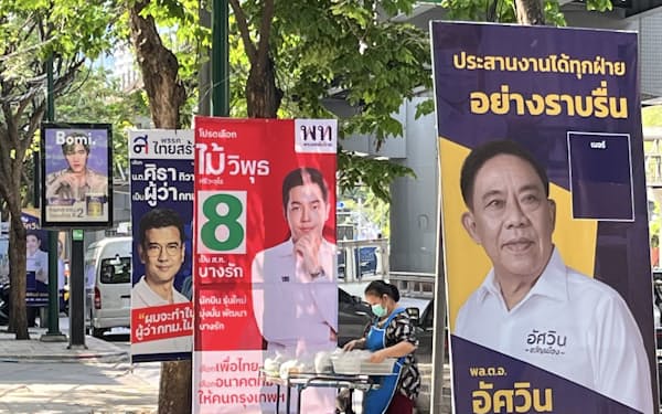 タイ・バンコクの路上に掲げられた知事選立候補者の看板