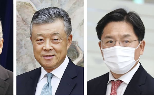 左から米国のソン・キム北朝鮮担当特別代表、中国の劉暁明・朝鮮半島問題特別代表（CNS）、韓国の魯圭悳・朝鮮半島平和交渉本部長＝共同