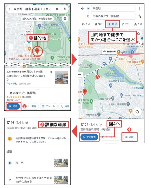 図3 目的地に赤いピンマークが付いて、表示がその周辺地図に切り替わる(1)。「経路」検索を実行すると、最短経路が表示される(2~3)。詳しい経路は、「道順」から確認できる(4~5)